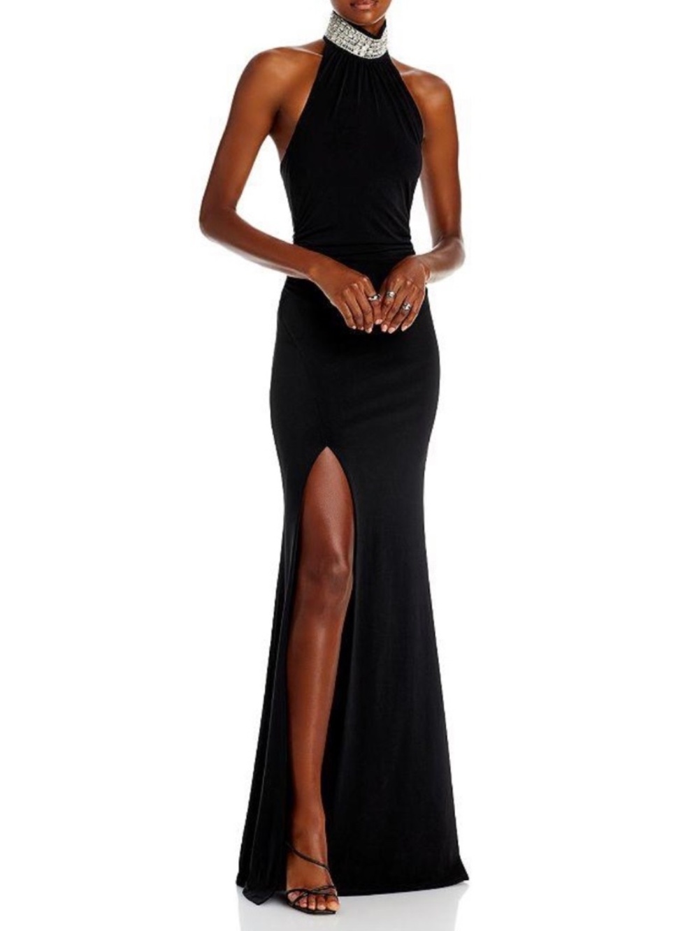Cinq à Sept Izzy Crystal Embellished Halter Gown | Black | Size 12